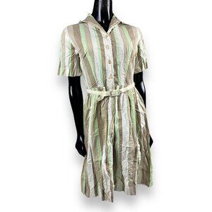 Vtg Shirtwaist Classic Pastel Green Brown Striped Day Dress Pleated Belt 38B 26W